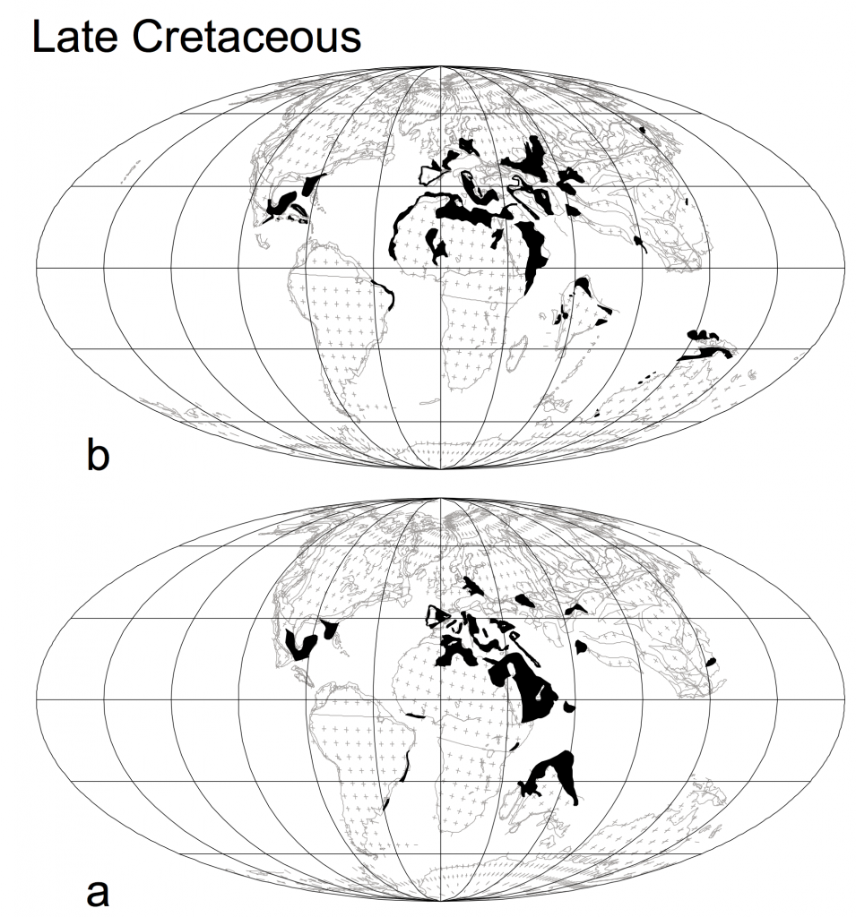 The global distribution of carbonate platforms (black) in the Late Cretaceous. Figure adapted from Kiessling et al. (2003)