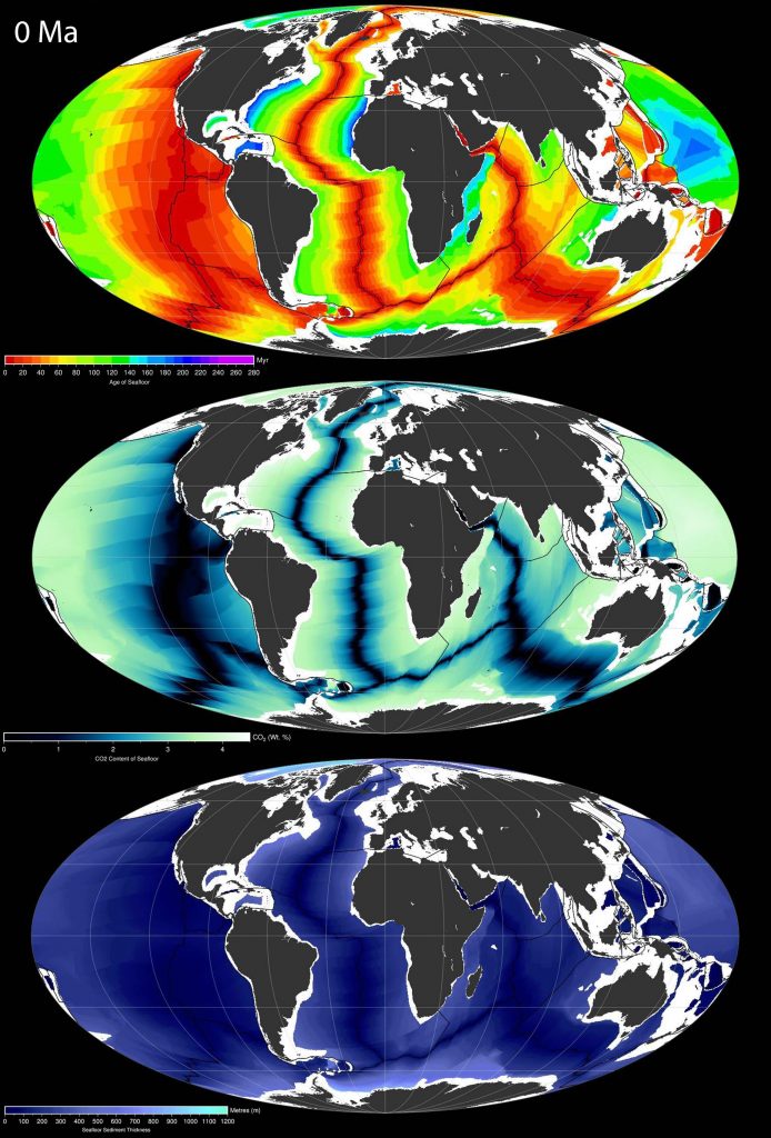 Present-day spatio-temporal distribution of Seafloor Age [Myr] (top), predicted CO2 content [wt. %] of oceanic crust (middle) and seafloor sediment thickness [metres] (bottom) in Mollweide projection. Raster images were produced using GPlates 1.5 with color scales produced in GMT.