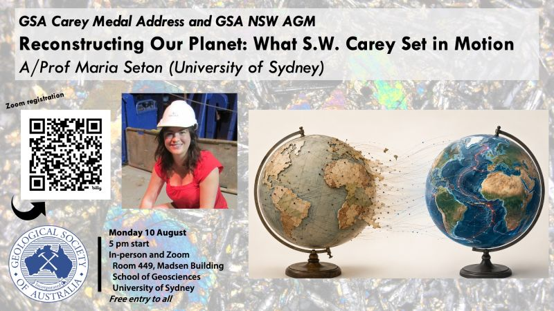 Event flyer showing a photo of A/Prof Maria Seton beside two globes linked by tectonic plate lines, with event and QR code details.