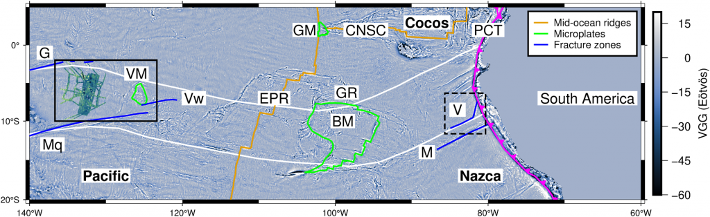 Satellite gravity map of the southeastern Pacific Ocean showing spreading ridges, fracture zones and the Viru Microplate study area.