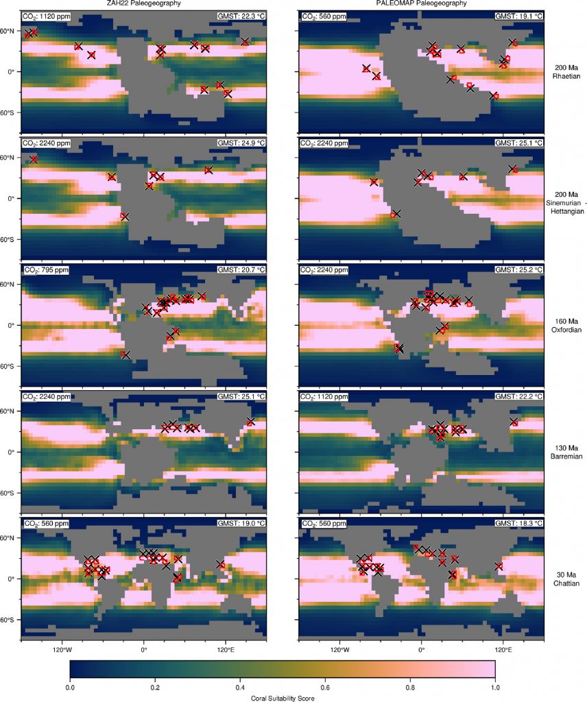 Maps comparing coral habitat suitability under two paleogeographic reconstructions, with fossil coral sites marked as crosses.