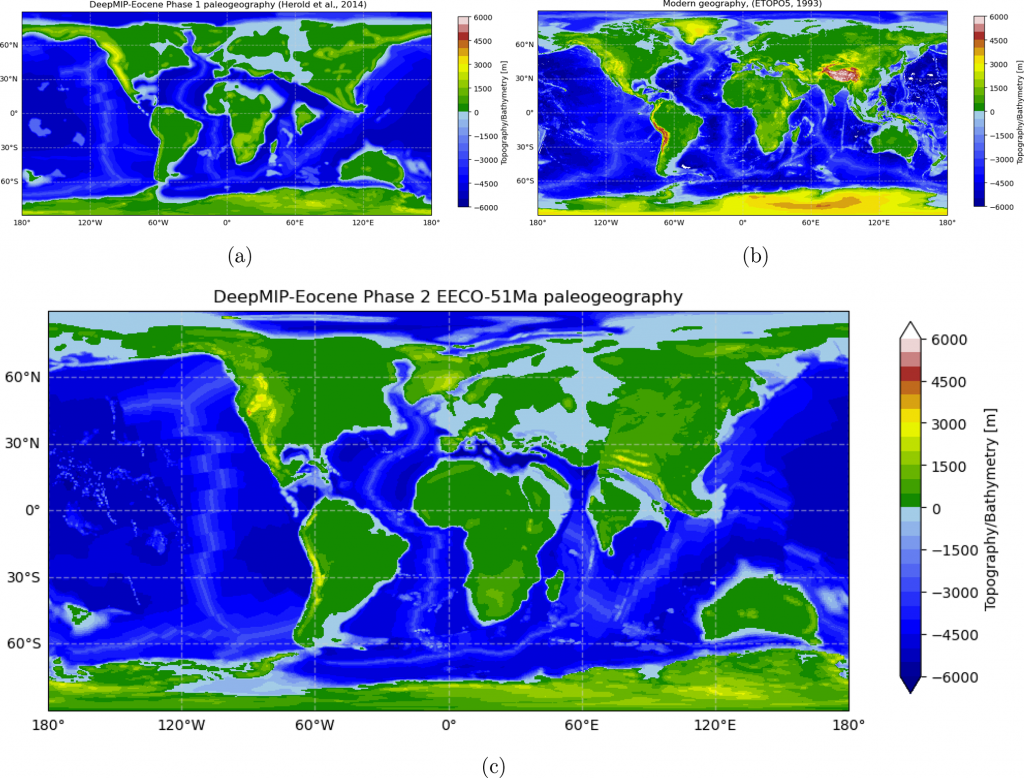 Maps comparing the Phase 1 (55 Ma), modern, and new Phase 2 (51 Ma) paleogeography reconstructions used in the DeepMIP-Eocene model experiments.