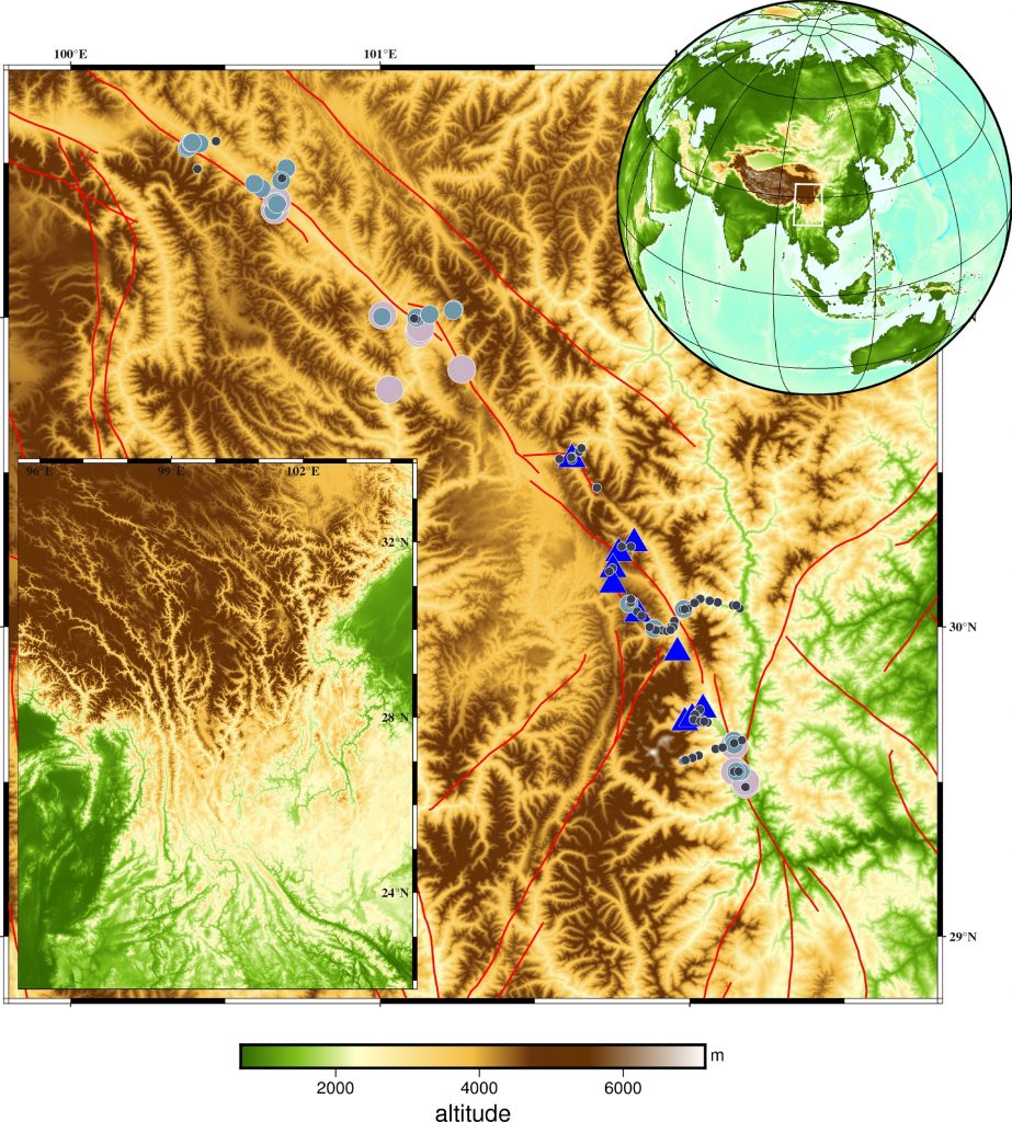Digital elevation map of the southeastern Tibetan Plateau showing sample locations and major faults.