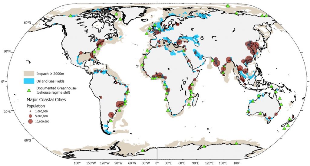 Global map showing passive margins with thick sedimentary successions and greenhouse–icehouse regime shifts relevant to hydrogen storage potential.
