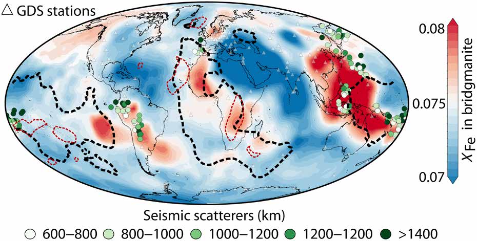 Map showing global iron content distribution in the lower mantle at 1225 kilometres depth with LLSVP boundaries outlined.