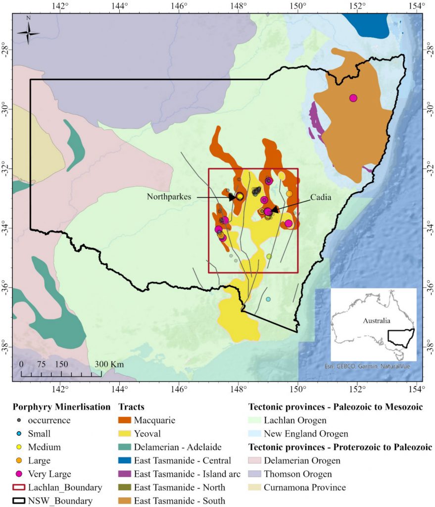 Map of NSW showing tectonic provinces, porphyry tracts, and major porphyry deposits including Northparkes and Cadia.