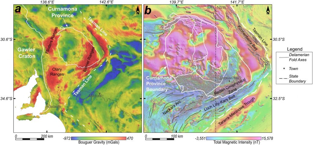Regional gravity and magnetic anomaly maps showing tectonic boundaries and the location of the Broken Hill deposit, NSW, Australia.